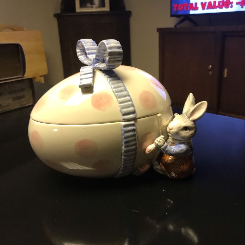 Vintage Fitz and Floyd Bunny and Bow Egg Shaped Trinket Dish